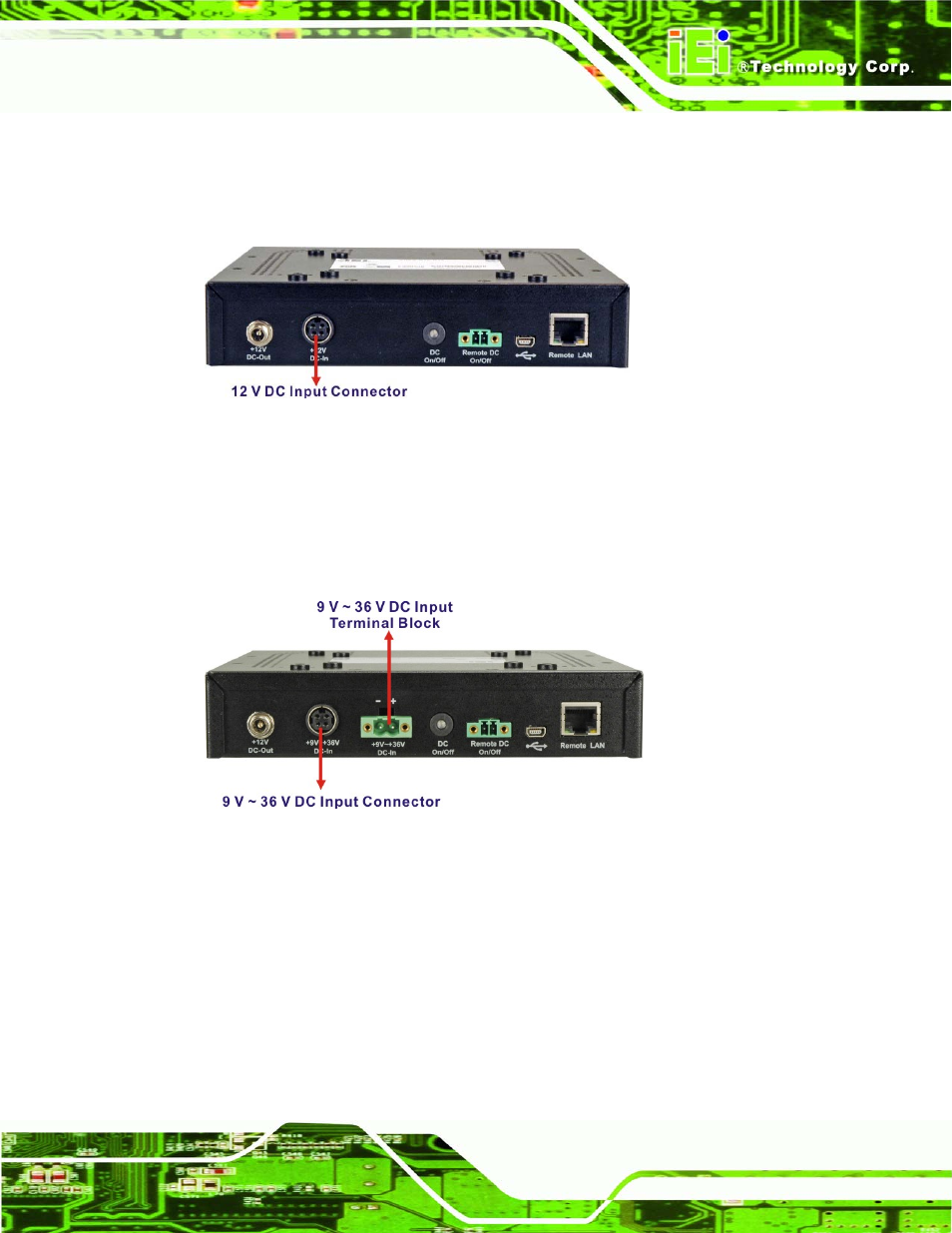 3 aups-b10 power input connector, 4 aups-b20 power input connectors, Figure 1-5: aups-b10 power input connector | Figure 1-6: aups-b20 power input connectors | IEI Integration AUPS-AB10-20 v1.00 User Manual | Page 16 / 50