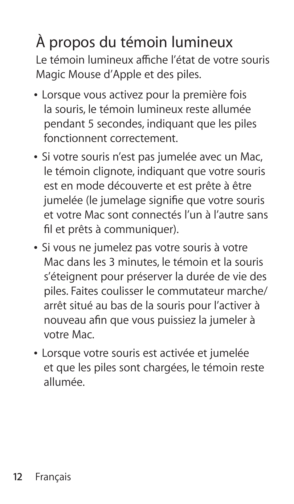 À propos du témoin lumineux | Apple Magic Mouse User Manual | Page 12 / 46