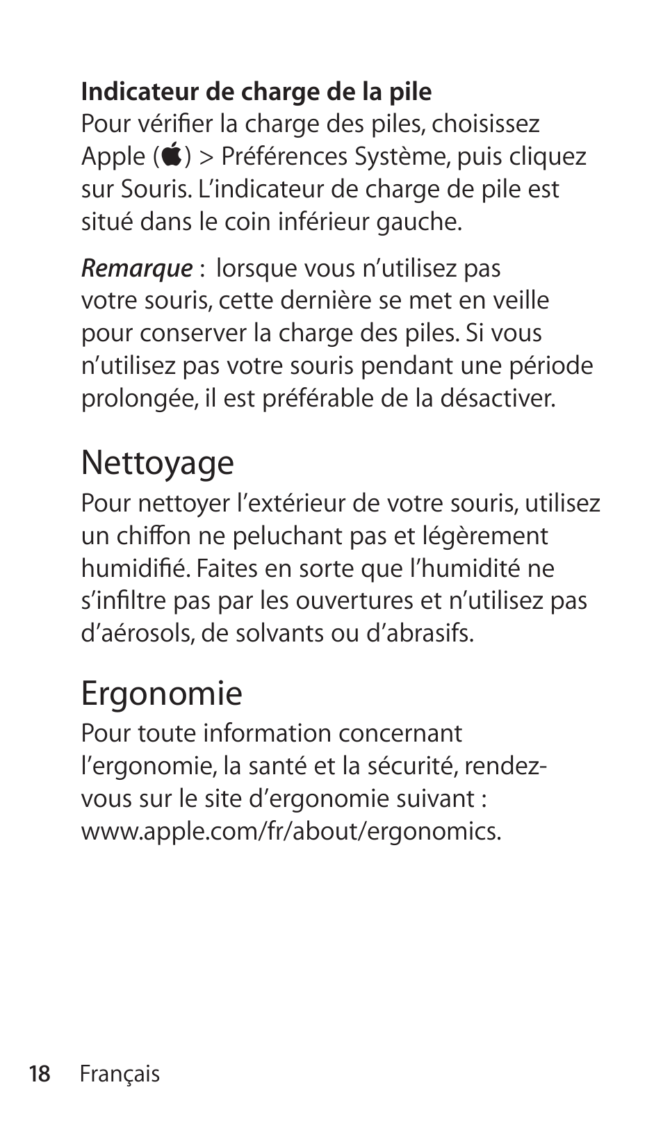 Nettoyage, Ergonomie | Apple Magic Mouse User Manual | Page 18 / 46