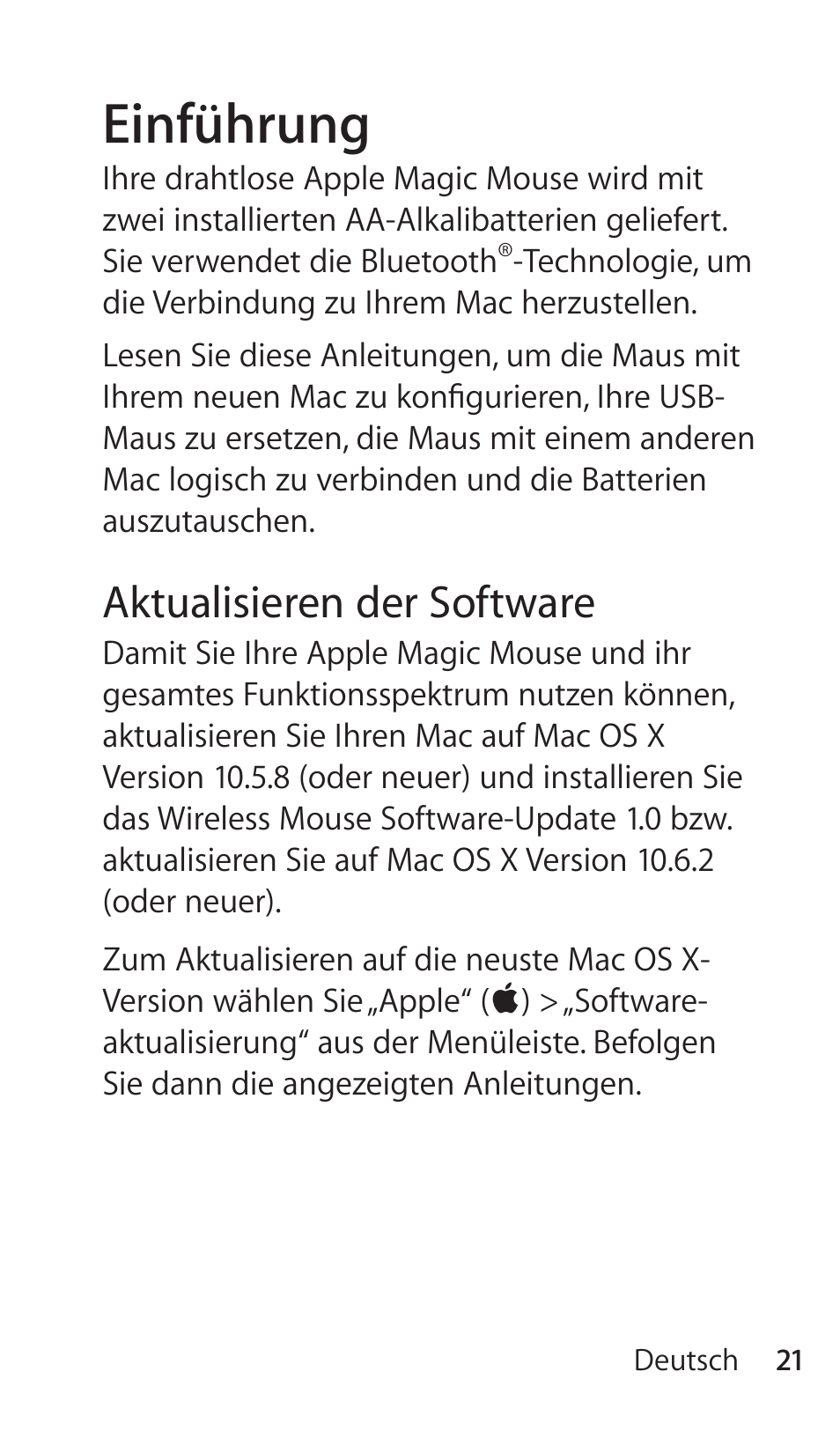 Einführung, Aktualisieren der software | Apple Magic Mouse User Manual | Page 21 / 46