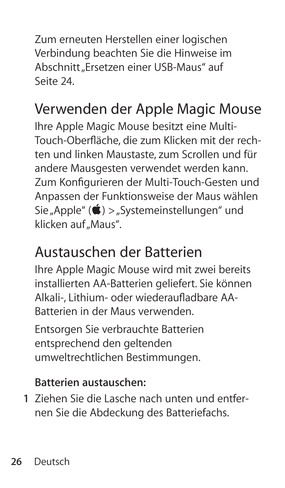 Verwenden der apple magic mouse, Austauschen der batterien | Apple Magic Mouse User Manual | Page 26 / 46