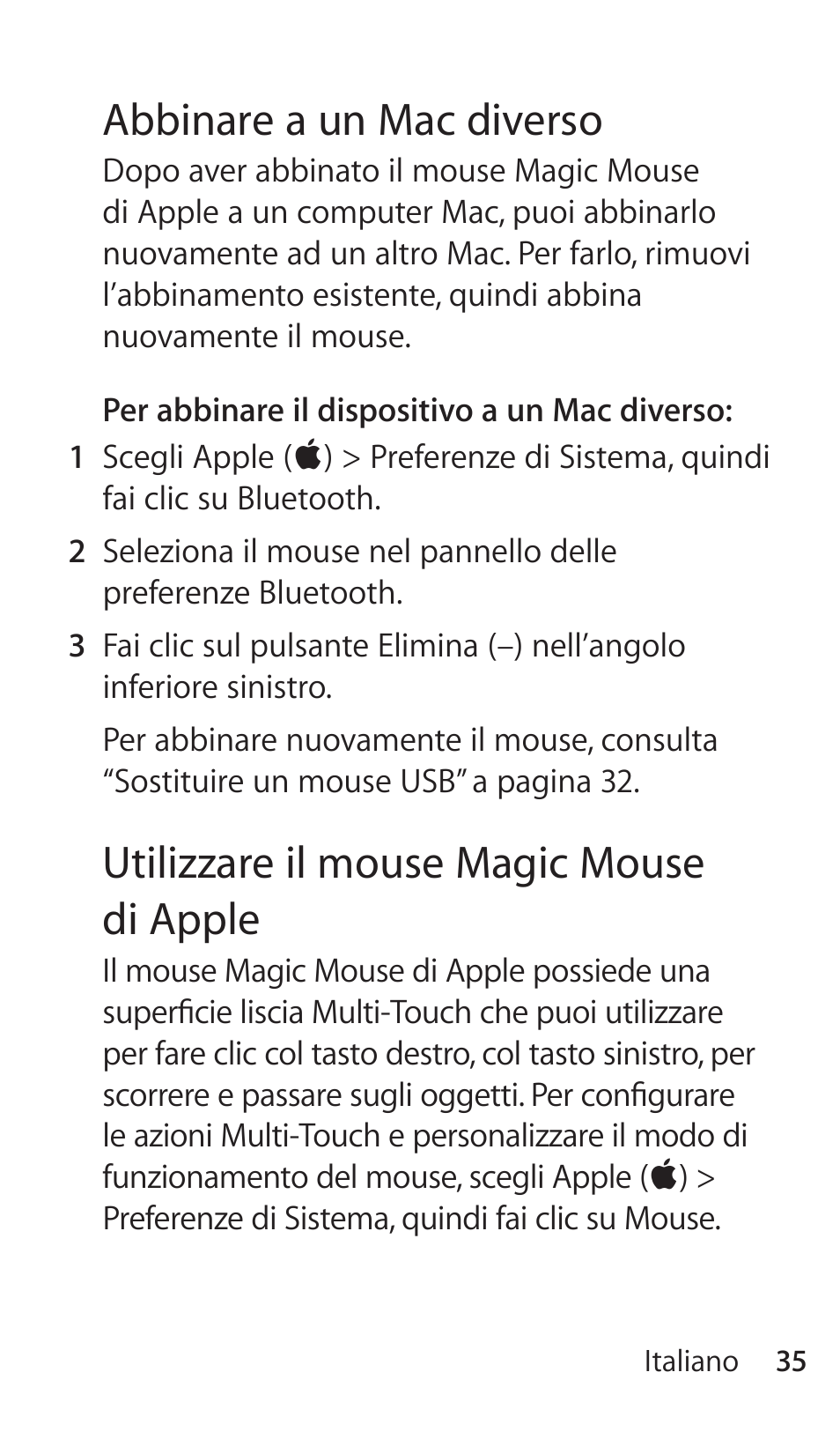 Abbinare a un mac diverso, Utilizzare il mouse magic mouse di apple | Apple Magic Mouse User Manual | Page 35 / 46
