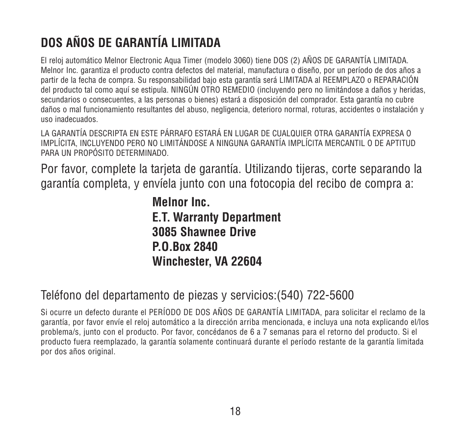 Dos años de garantía limitada | Melnor 3060 - Original User Manual | Page 59 / 59
