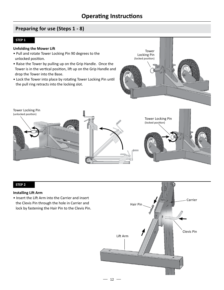 Operating instructions, Preparing for use (steps 1 - 8) | MoJack John Deere XD Lift User Manual | Page 12 / 24