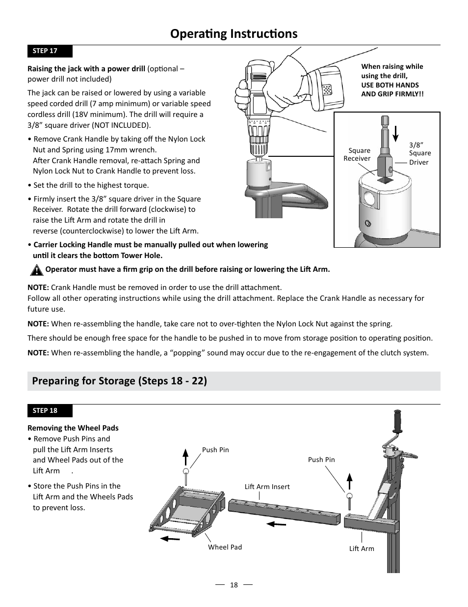 Operating instructions, Preparing for storage (steps 18 - 22) | MoJack John Deere XD Lift User Manual | Page 18 / 24