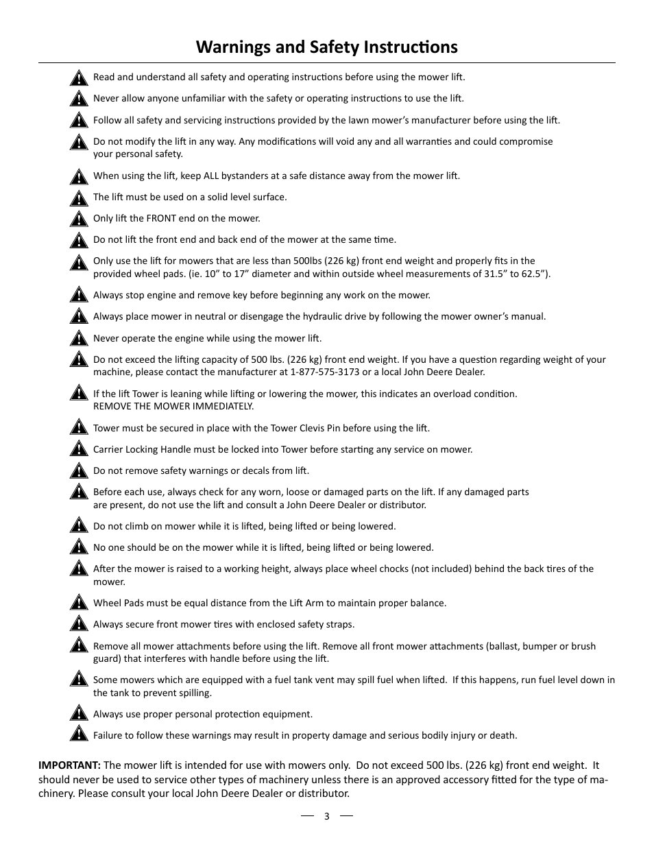 Warnings and safety instructions | MoJack John Deere XD Lift User Manual | Page 3 / 24