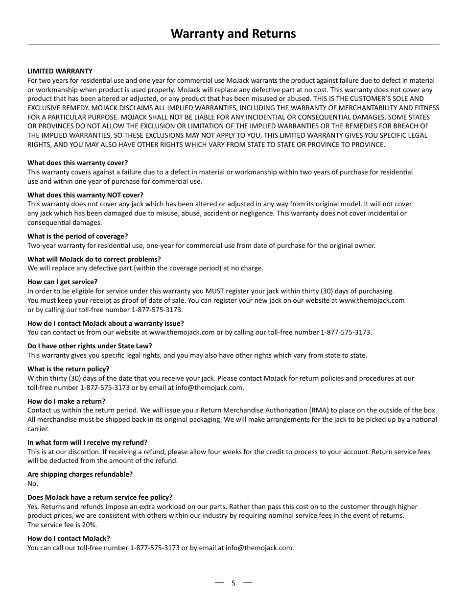 Warranty and returns | MoJack John Deere XD Lift User Manual | Page 5 / 24