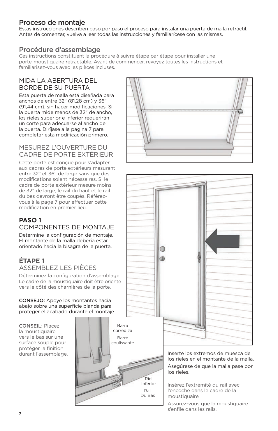 Proceso de montaje, Procédure d’assemblage, Paso 1 componentes de montaje | Mida la abertura del borde de su puerta, Mesurez l’ouverture du cadre de porte extérieur, Étape 1 assemblez les pièces | ODL Brisa Retractable Screen Doors - single doors User Manual | Page 14 / 20