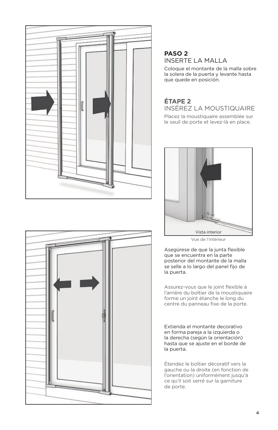 Paso 2 inserte la malla, Étape 2 insérez la moustiquaire | ODL Brisa Retractable Screen Doors - sliding doors User Manual | Page 13 / 16