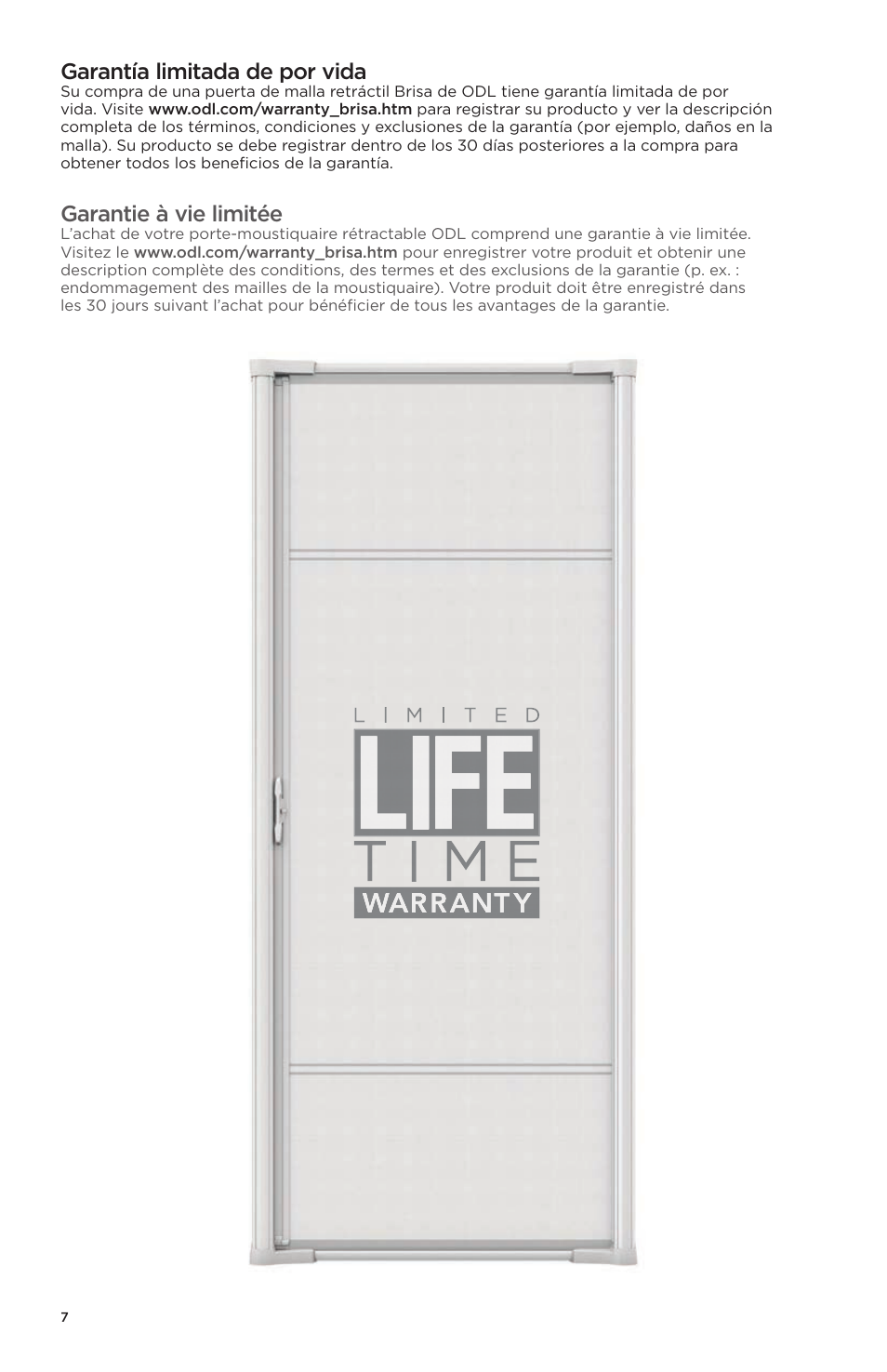 Garantía limitada de por vida, Garantie à vie limitée | ODL Brisa Retractable Screen Doors - sliding doors User Manual | Page 16 / 16