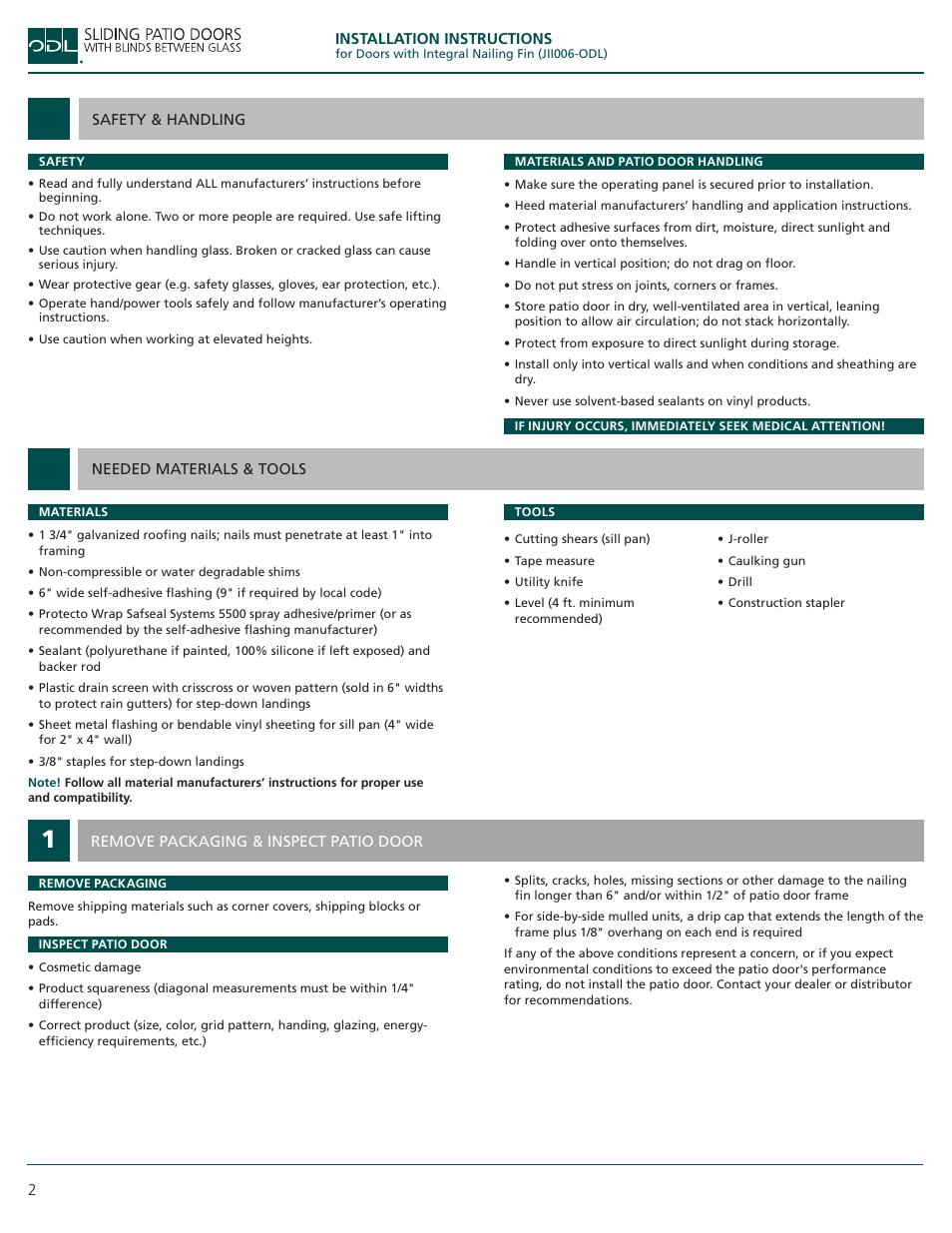 ODL Sliding Patio Doors with Blinds Between Glass User Manual | Page 2 / 7