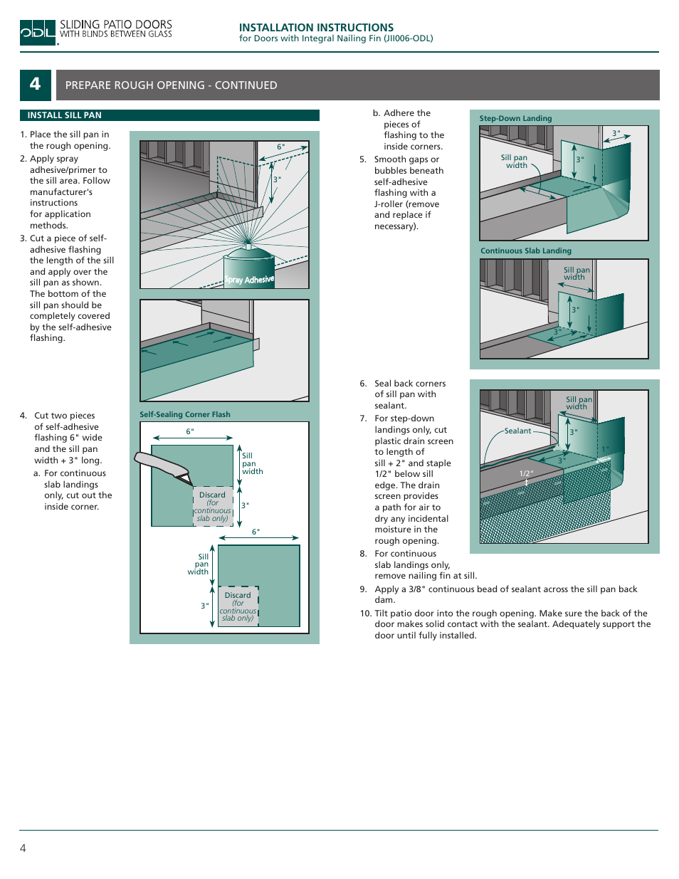 Installation instructions, Prepare rough opening - continued | ODL Sliding Patio Doors with Blinds Between Glass User Manual | Page 4 / 7