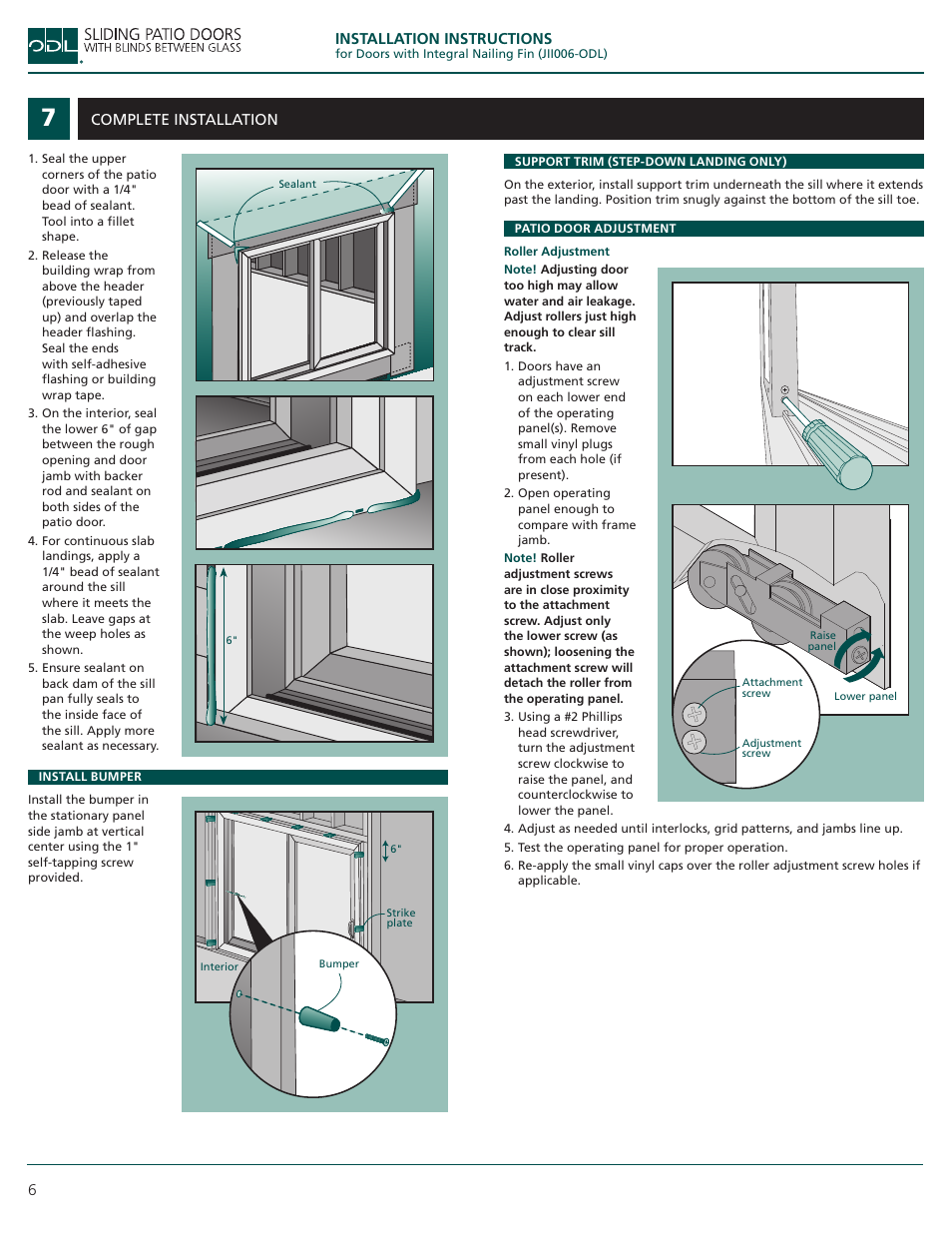 ODL Sliding Patio Doors with Blinds Between Glass User Manual | Page 6 / 7