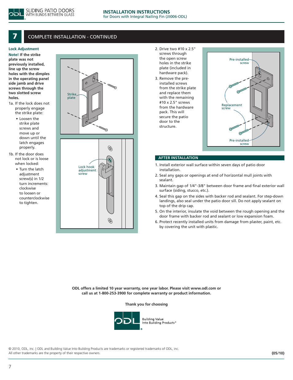 ODL Sliding Patio Doors with Blinds Between Glass User Manual | Page 7 / 7