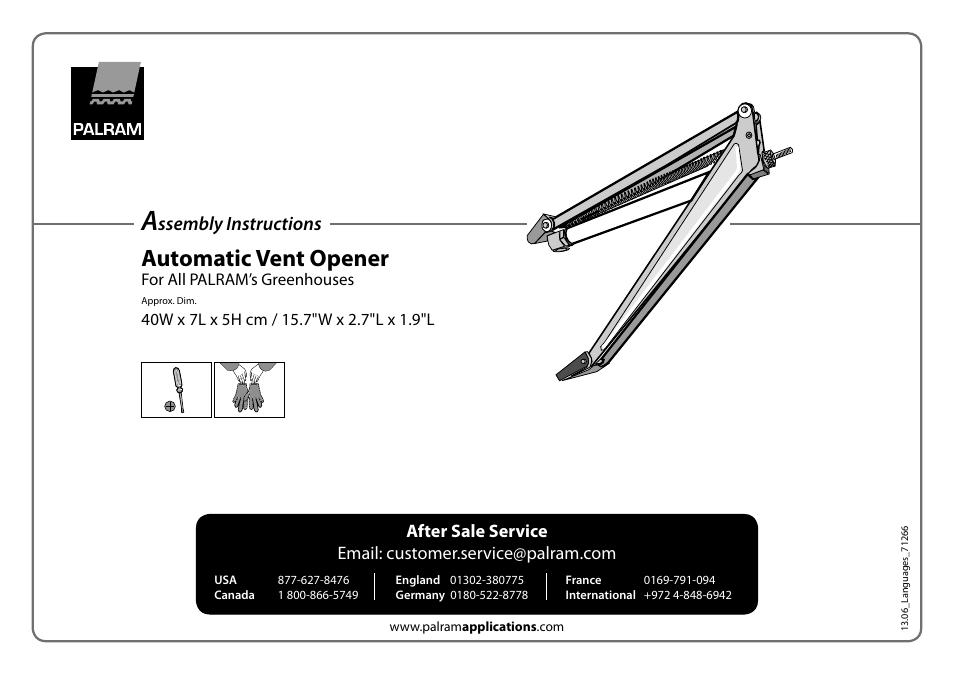 Palram Applications Automatic Louvre Opener For All PALRAM’s Greenhouses User Manual | 6 pages