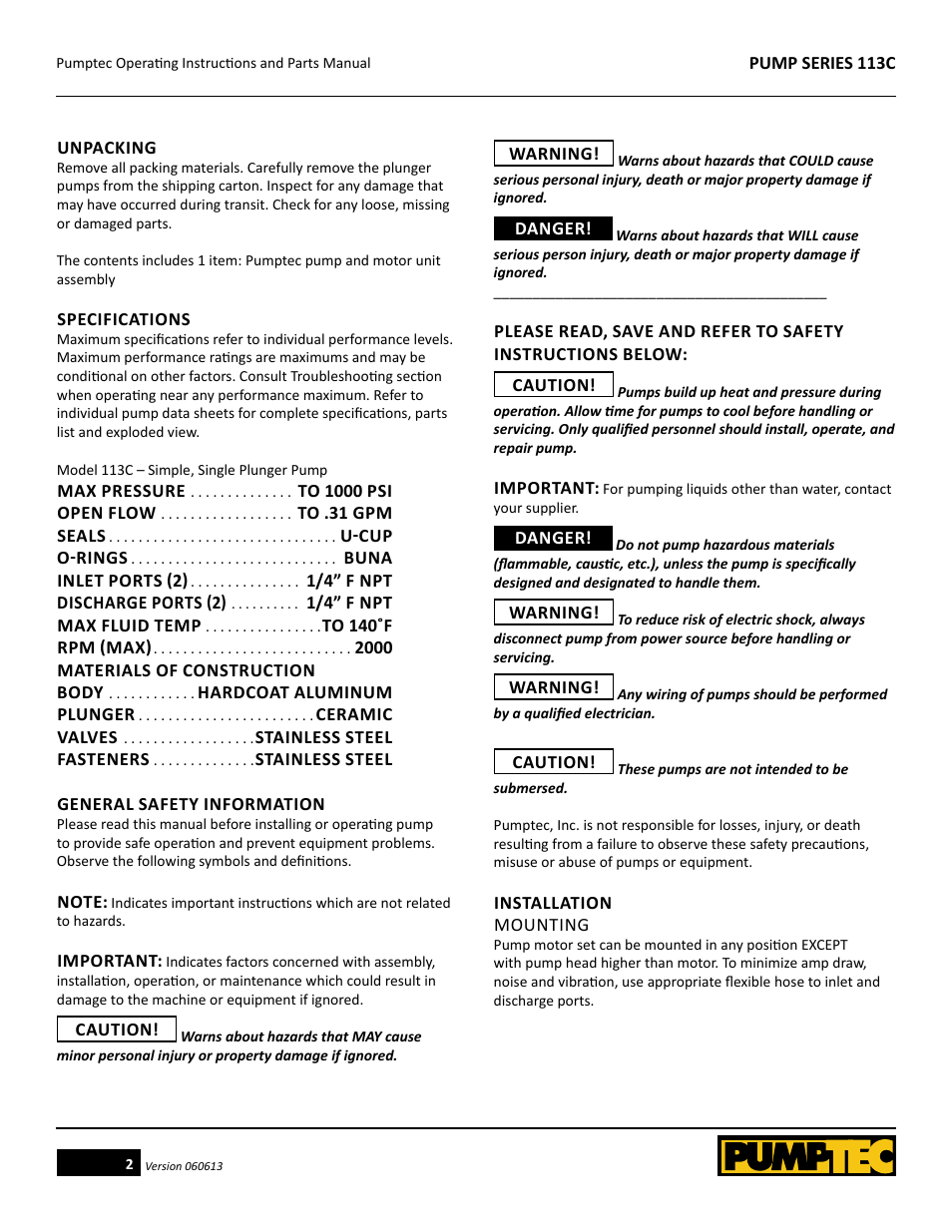 Pumptec 113C SERIES User Manual | Page 2 / 11