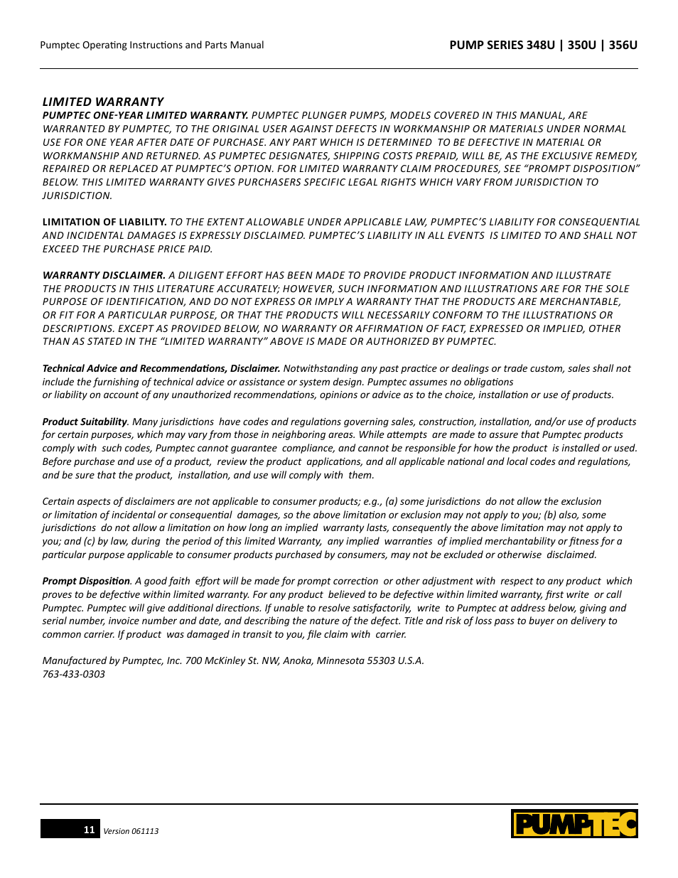 Pumptec 356U SERIES User Manual | Page 11 / 11