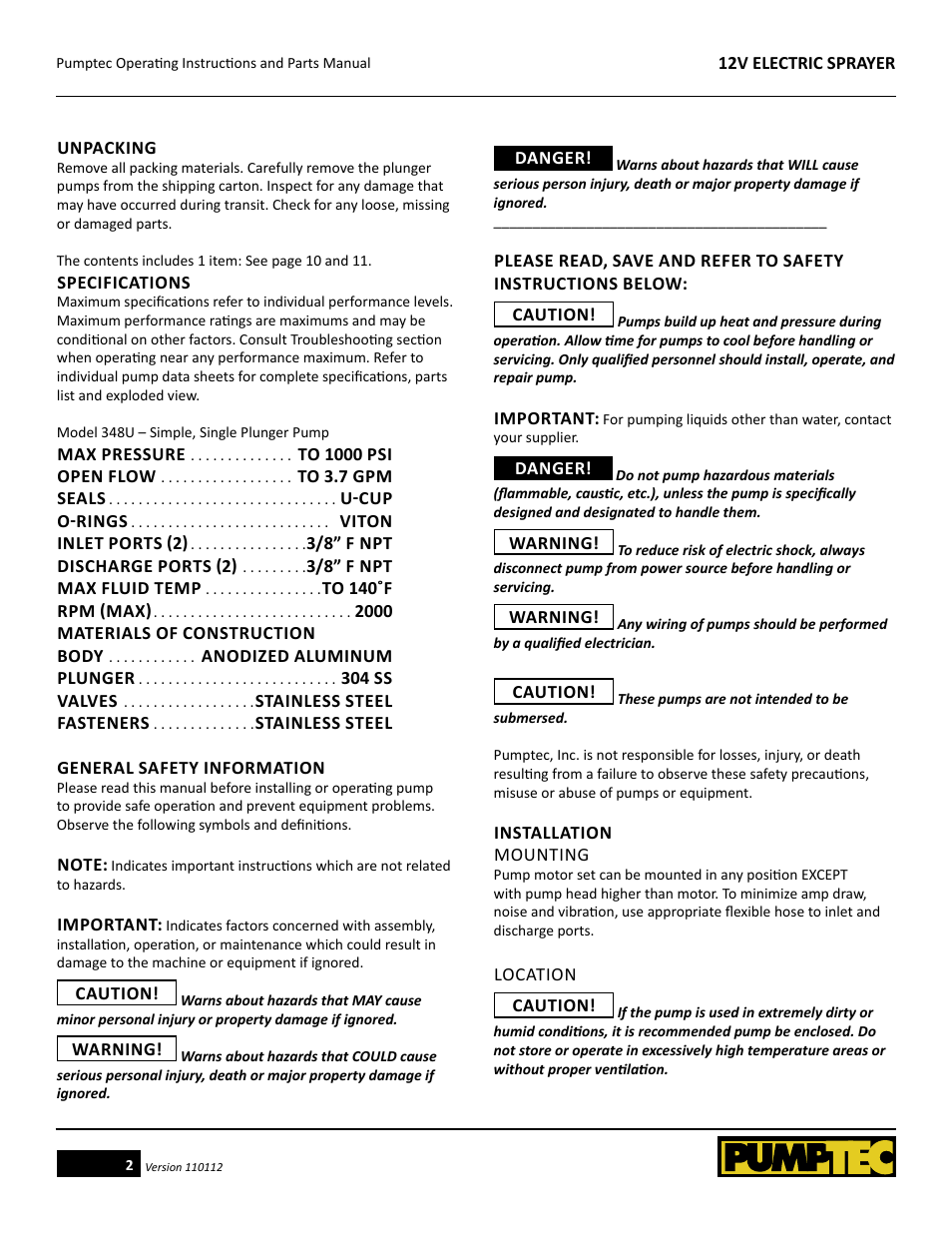 Pumptec ELECTRIC SPRAYER 12V User Manual | Page 2 / 23