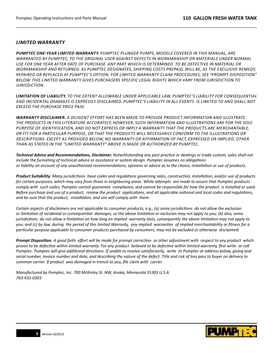 Pumptec 110 GALLON FRESH WATER TANK User Manual | Page 5 / 5