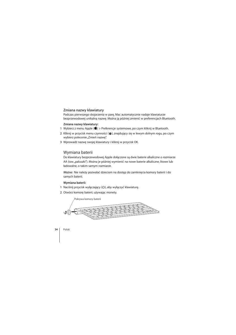 Zmiana nazwy klawiatury, Wymiana baterii, Obacz na stronie 34 | Apple Wireless Keyboard (2009) User Manual | Page 34 / 44