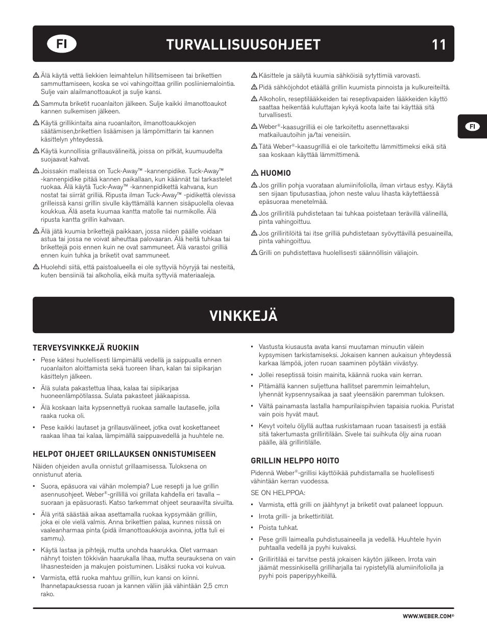 Vinkkejä, Turvallisuusohjeet | weber HOLZKOHLEGRILLS User Manual | Page 11 / 84