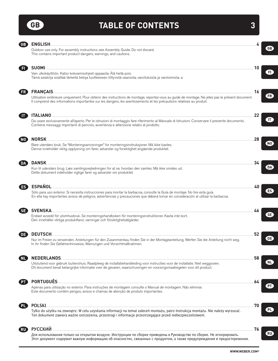 3table of contents | weber HOLZKOHLEGRILLS User Manual | Page 3 / 84