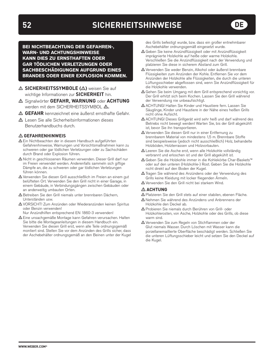 Sicherheitshinweise, Sicherheitssymbole, Sicherheit | Gefahr, warnung, Achtung, Gefahr | weber HOLZKOHLEGRILLS User Manual | Page 52 / 84