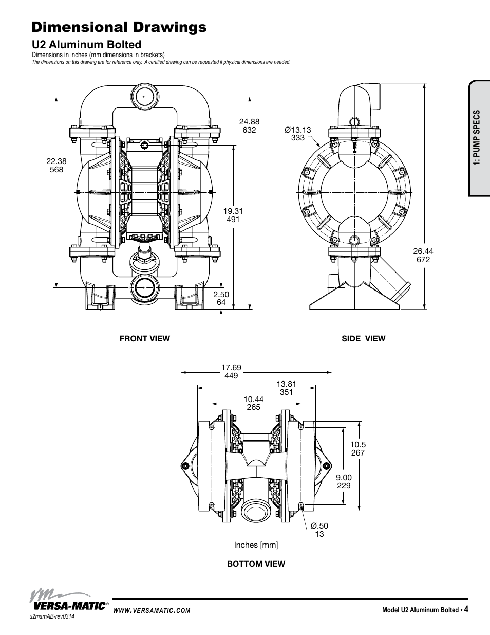 Dimensional drawings, U2 aluminum bolted | Versa-Matic 2 Ultra-Matic Bolted Aluminum User Manual | Page 7 / 16