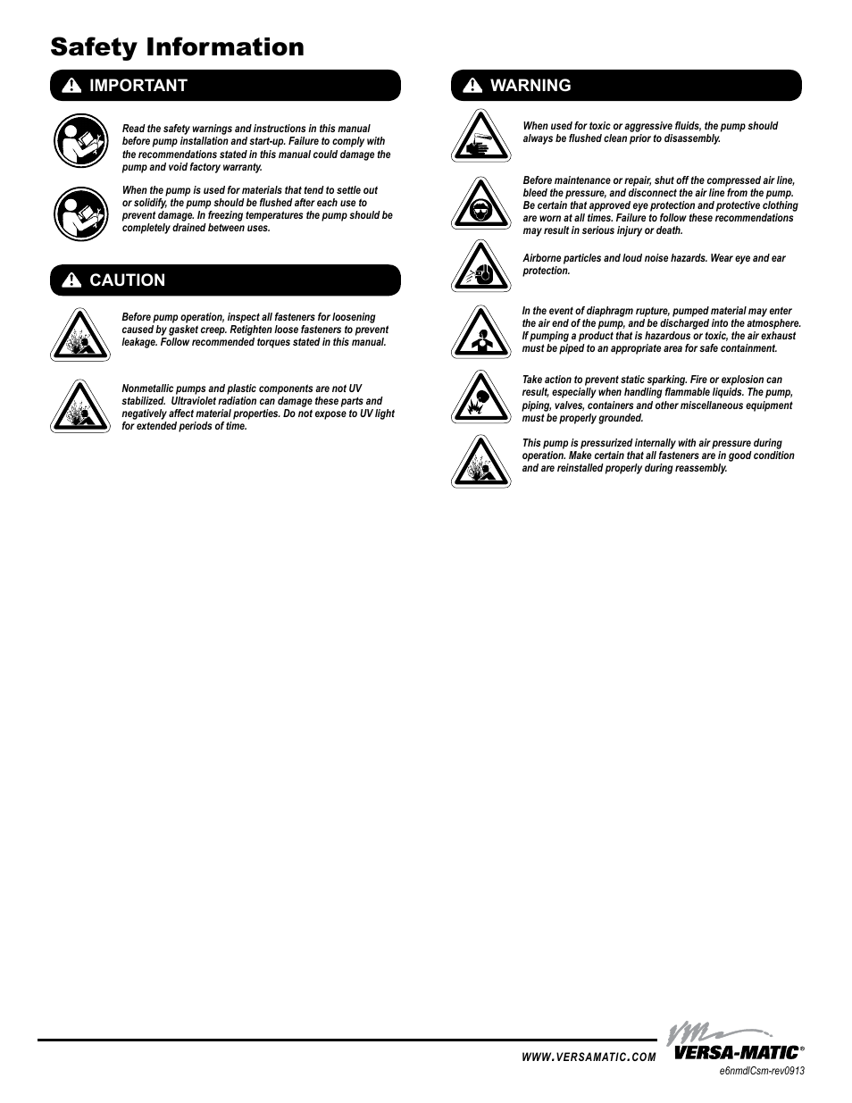 Safety information, Important, Caution warning | Universal all aodd | Versa-Matic 1/4 Elima-Matic Bolted Plastic (E6) User Manual | Page 2 / 15