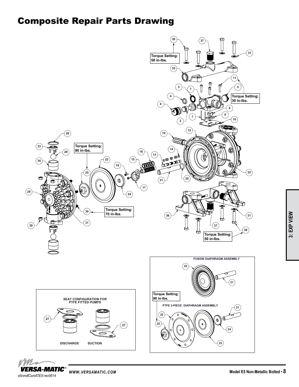 Troubleshooting guide, Composite repair parts drawing, General model specific | Symptom: potential cause(s): recommendation(s), Exp view, Pump cycles once, Pump will not operate / cycle, Pump cycles and will not prime or no flow, Product leaking through exhaust, Premature diaphragm failure | Versa-Matic 1/2 Elima-Matic Bolted Plastic – ATEX (E5) User Manual | Page 11 / 14