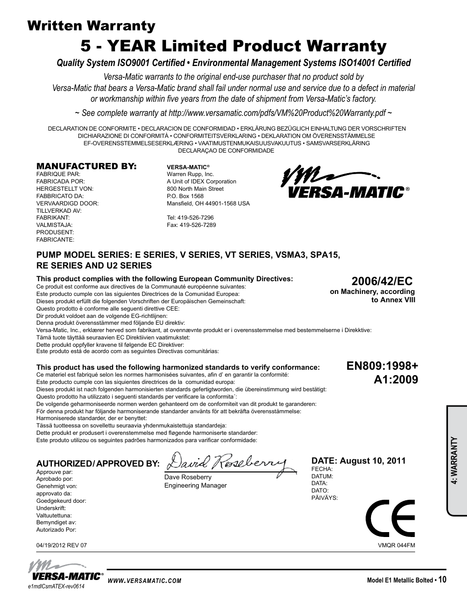5 - year limited product warranty, Written warranty, Declaration of conformity | Model specific, Authorized / approved by, Manufactured by, W arranty | Versa-Matic 1 Elima-Matic Bolted Metal – ATEX (E1) User Manual | Page 13 / 14