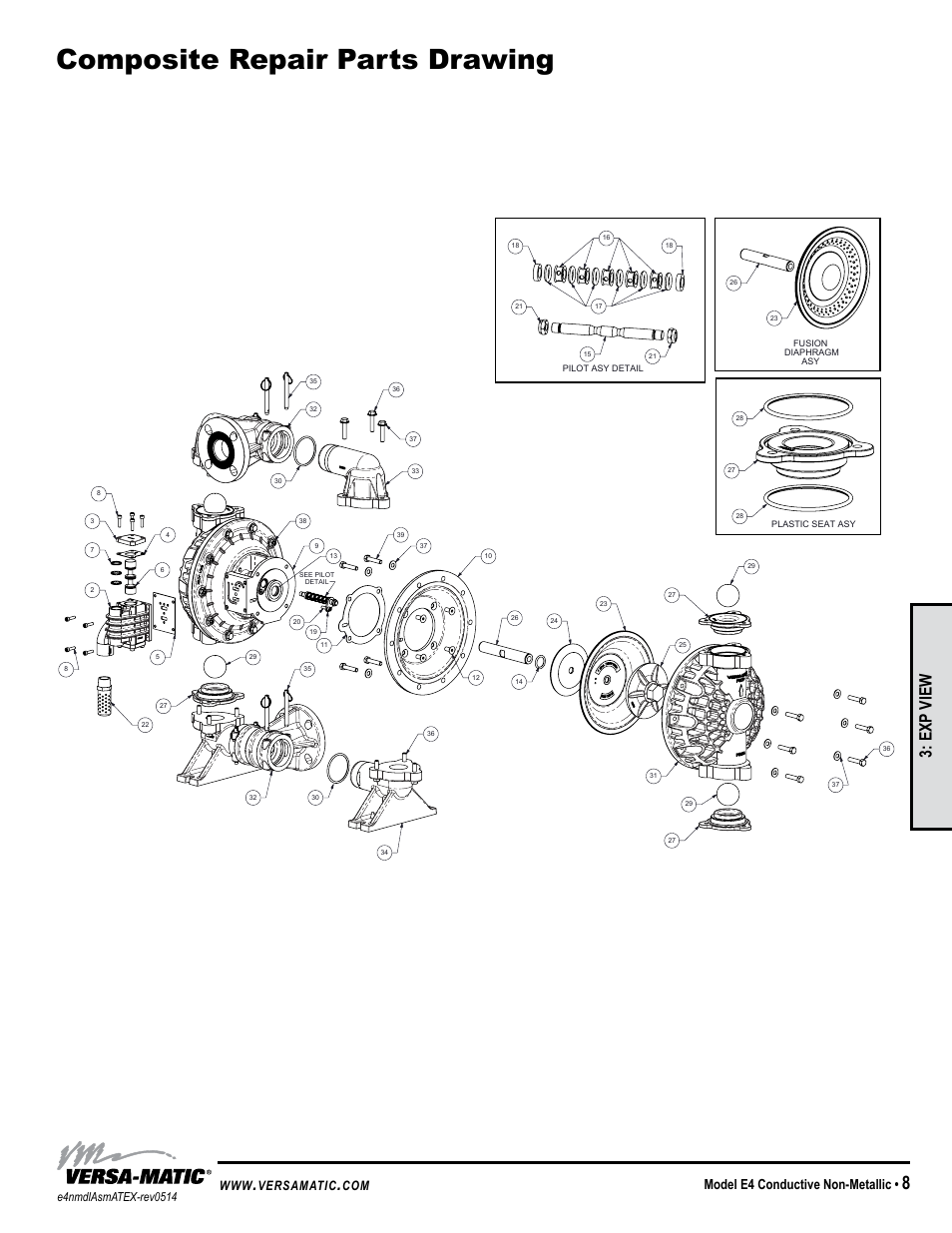 Troubleshooting guide, Composite repair parts drawing, General model specific | Symptom: potential cause(s): recommendation(s), Exp view, Pump cycles once, Pump will not operate / cycle, Pump cycles and will not prime or no flow, Product leaking through exhaust, Premature diaphragm failure | Versa-Matic 1 1/2 Elima-Matic Bolted Non-Metallic – ATEX (E4) User Manual | Page 11 / 14