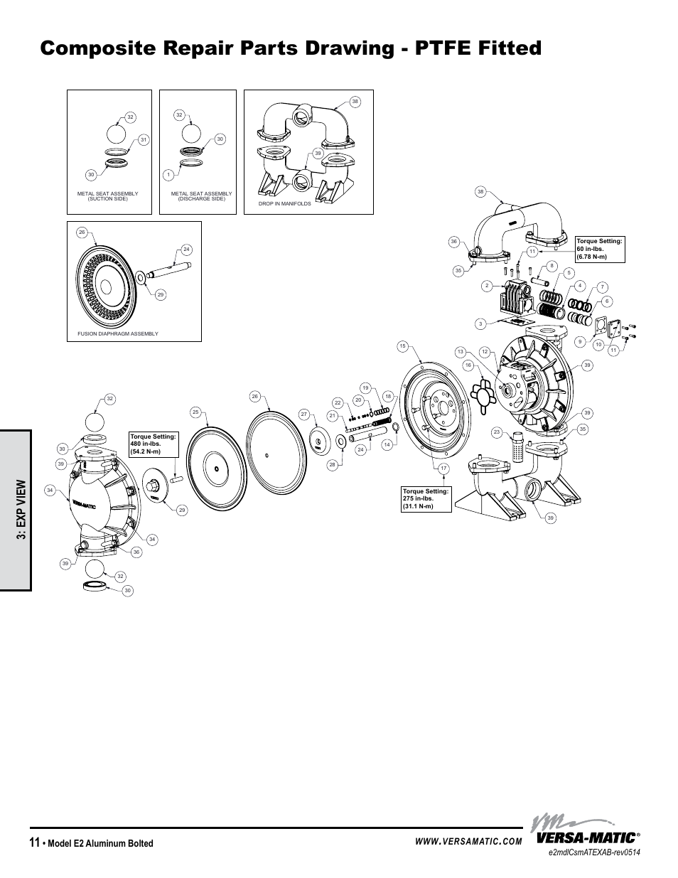 Composite repair parts drawing - ptfe fitted, Exp view, Model e2 aluminum bolted | Versamatic | Versa-Matic 2 Elima-Matic Bolted Aluminum – ATEX (E2) User Manual | Page 14 / 17