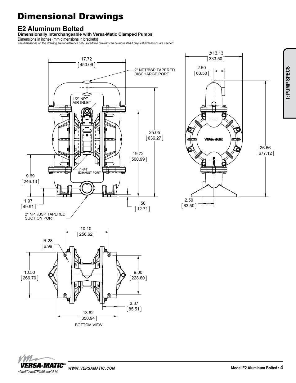 Dimensional drawings, Warren rupp, inc, E2 aluminum bolted | Model specific, Pump specs | Versa-Matic 2 Elima-Matic Bolted Aluminum – ATEX (E2) User Manual | Page 7 / 17