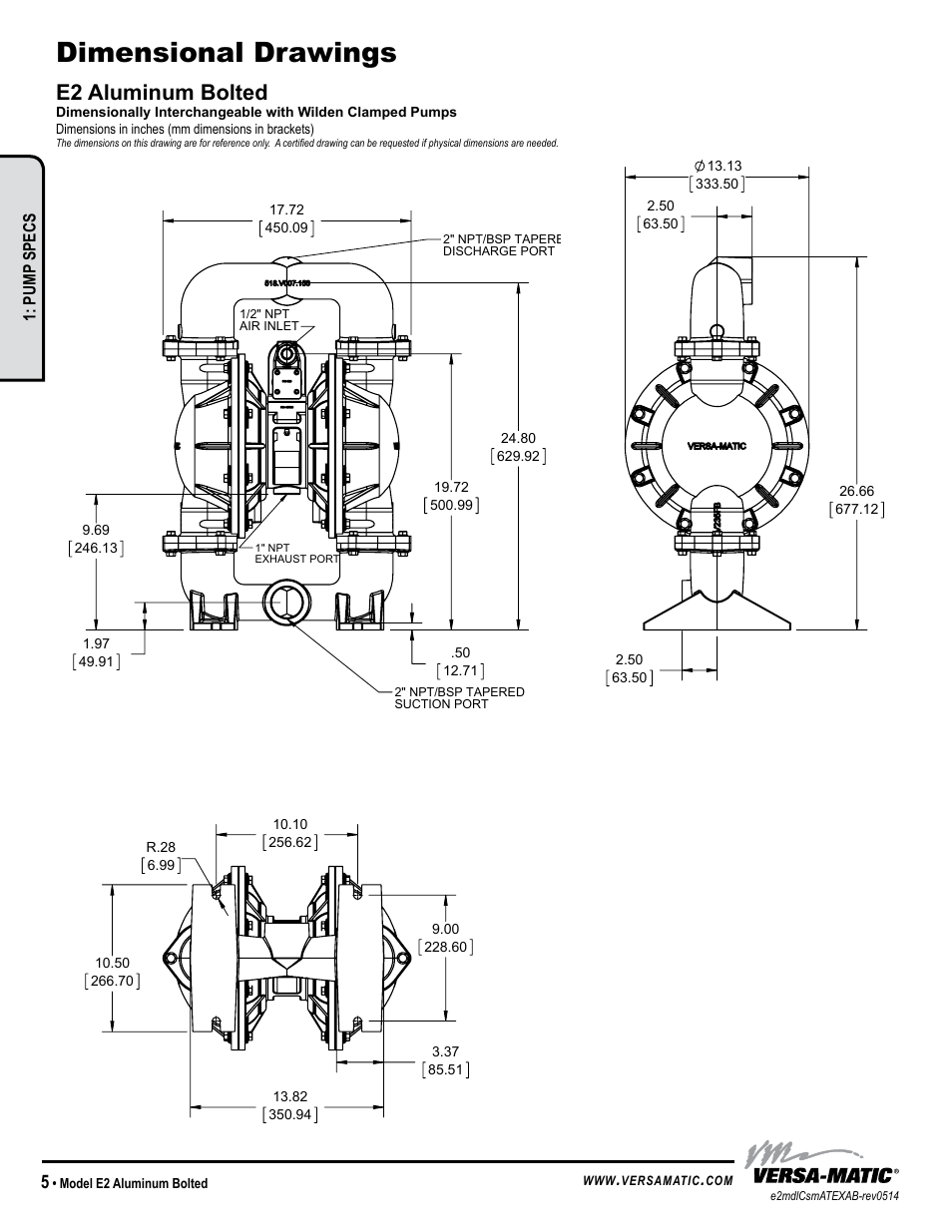 Dimensional drawings, Warren rupp, inc, E2 aluminum bolted | Pump specs | Versa-Matic 2 Elima-Matic Bolted Aluminum – ATEX (E2) User Manual | Page 8 / 17