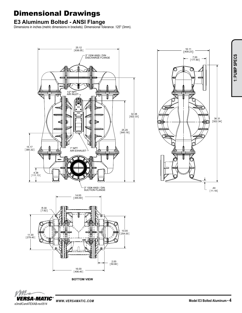 Dimensional drawings, E3 aluminum bolted - ansi flange, Model specific | Pump specs, Model e3 bolted aluminum | Versa-Matic 3 Elima-Matic Bolted Aluminum - ATEX (E3) User Manual | Page 7 / 17