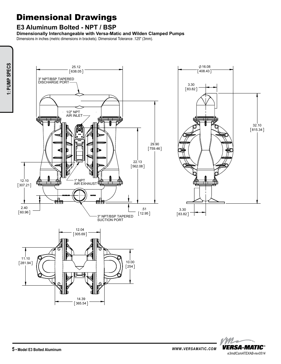 Dimensional drawings, E3 aluminum bolted - npt / bsp, Warren rupp, inc | Pump specs, Model e3 bolted aluminum | Versa-Matic 3 Elima-Matic Bolted Aluminum - ATEX (E3) User Manual | Page 8 / 17