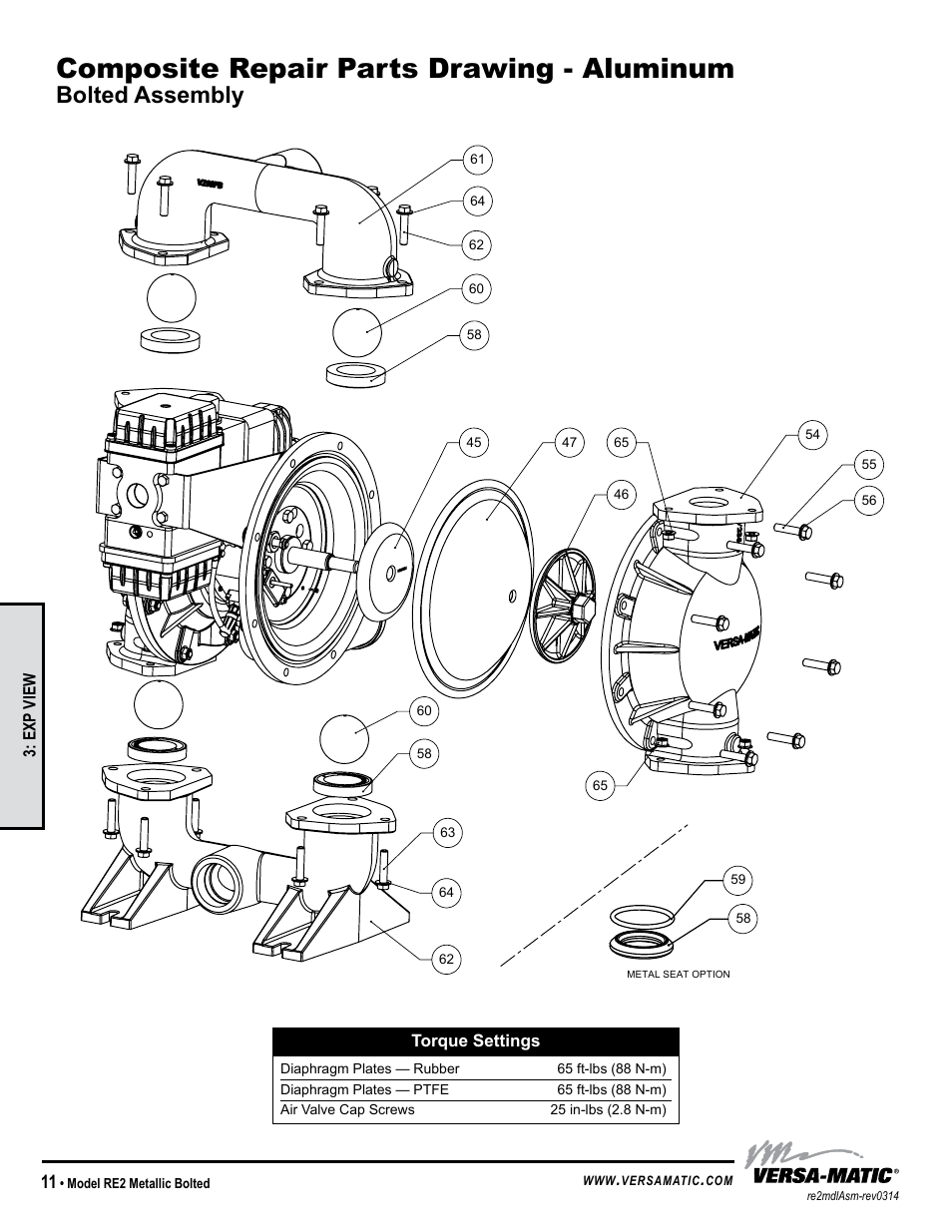 Composite repair parts drawing - aluminum, Bolted assembly, General model specific | Versa-Matic 2 Bolted Metallic Ball Valve Pumps (RE2) User Manual | Page 14 / 33