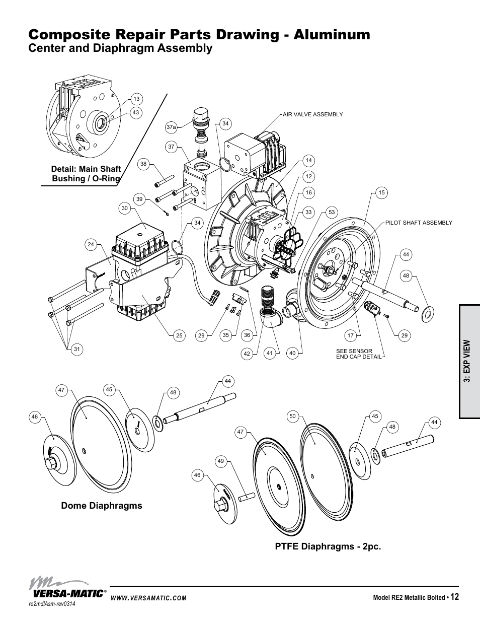 Composite repair parts drawing - aluminum, Center and diaphragm assembly, Dome diaphragms ptfe diaphragms - 2pc | Exp view | Versa-Matic 2 Bolted Metallic Ball Valve Pumps (RE2) User Manual | Page 15 / 33