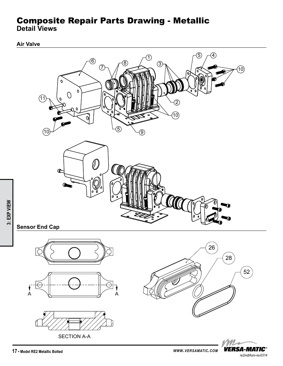 Composite repair parts drawing - metallic, Detail views | Versa-Matic 2 Bolted Metallic Ball Valve Pumps (RE2) User Manual | Page 20 / 33