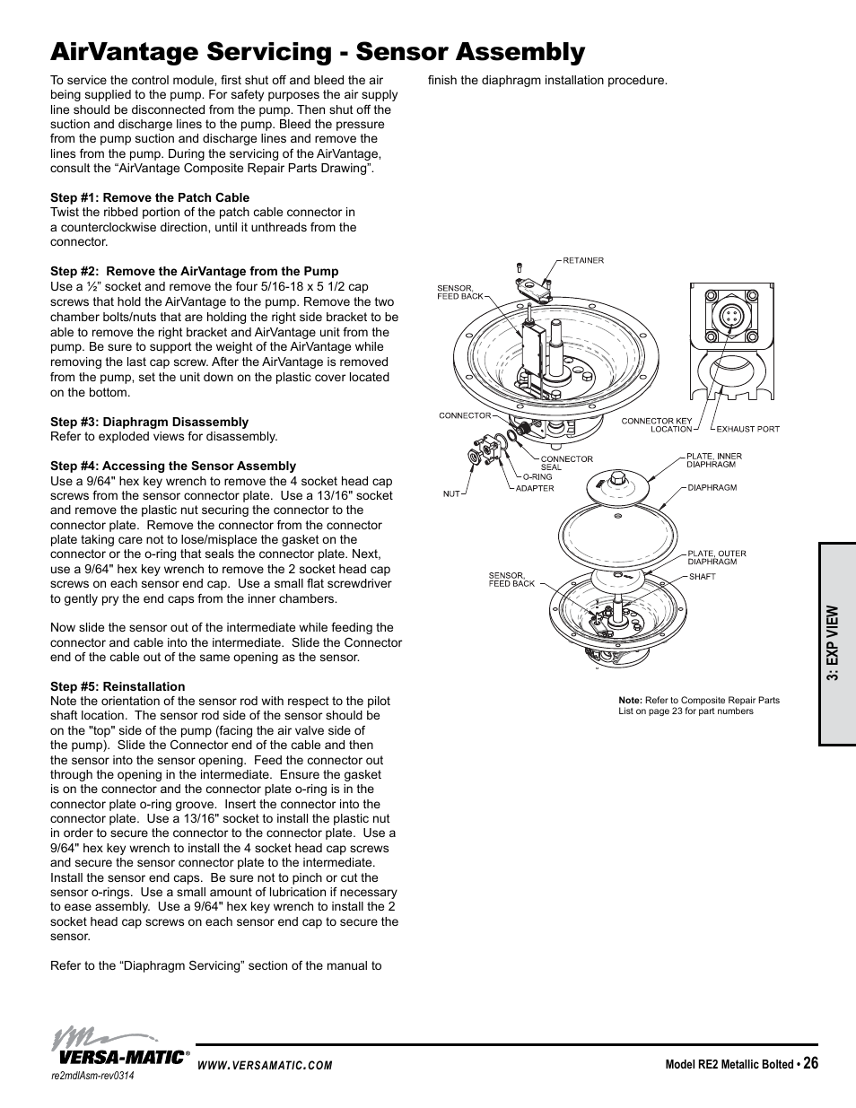 Airvantage servicing - sensor assembly | Versa-Matic 2 Bolted Metallic Ball Valve Pumps (RE2) User Manual | Page 29 / 33