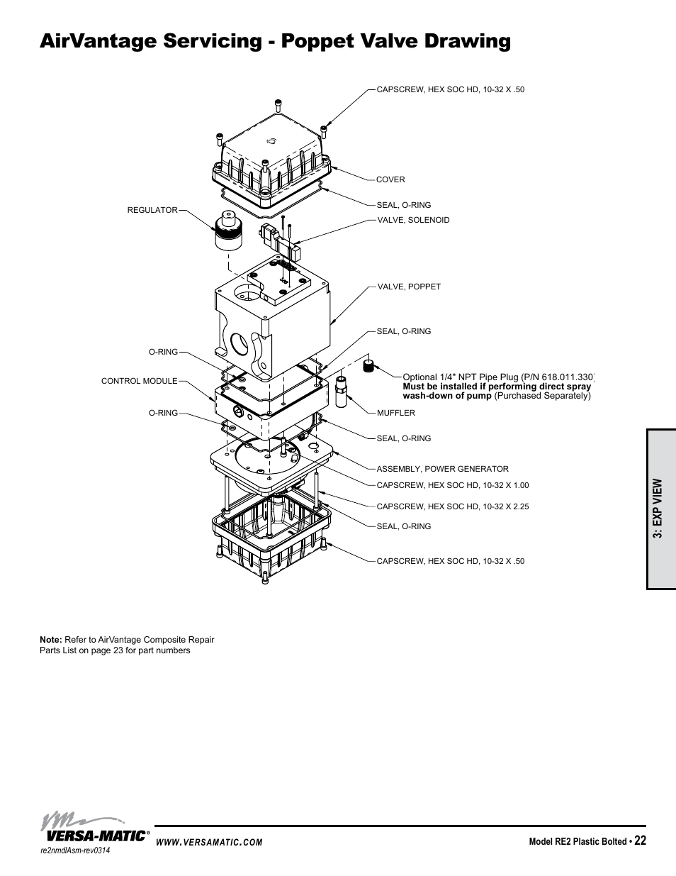 Airvantage servicing - poppet valve drawing, Exp view | Versa-Matic 2 Bolted Plastic Ball Valve Pumps (RE2P) User Manual | Page 25 / 27