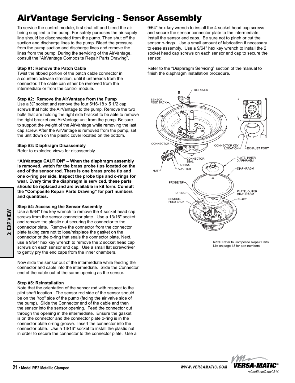 Airvantage servicing - sensor assembly | Versa-Matic 2 Clamped Metallic Ball Valve Pumps (RE2) User Manual | Page 24 / 28