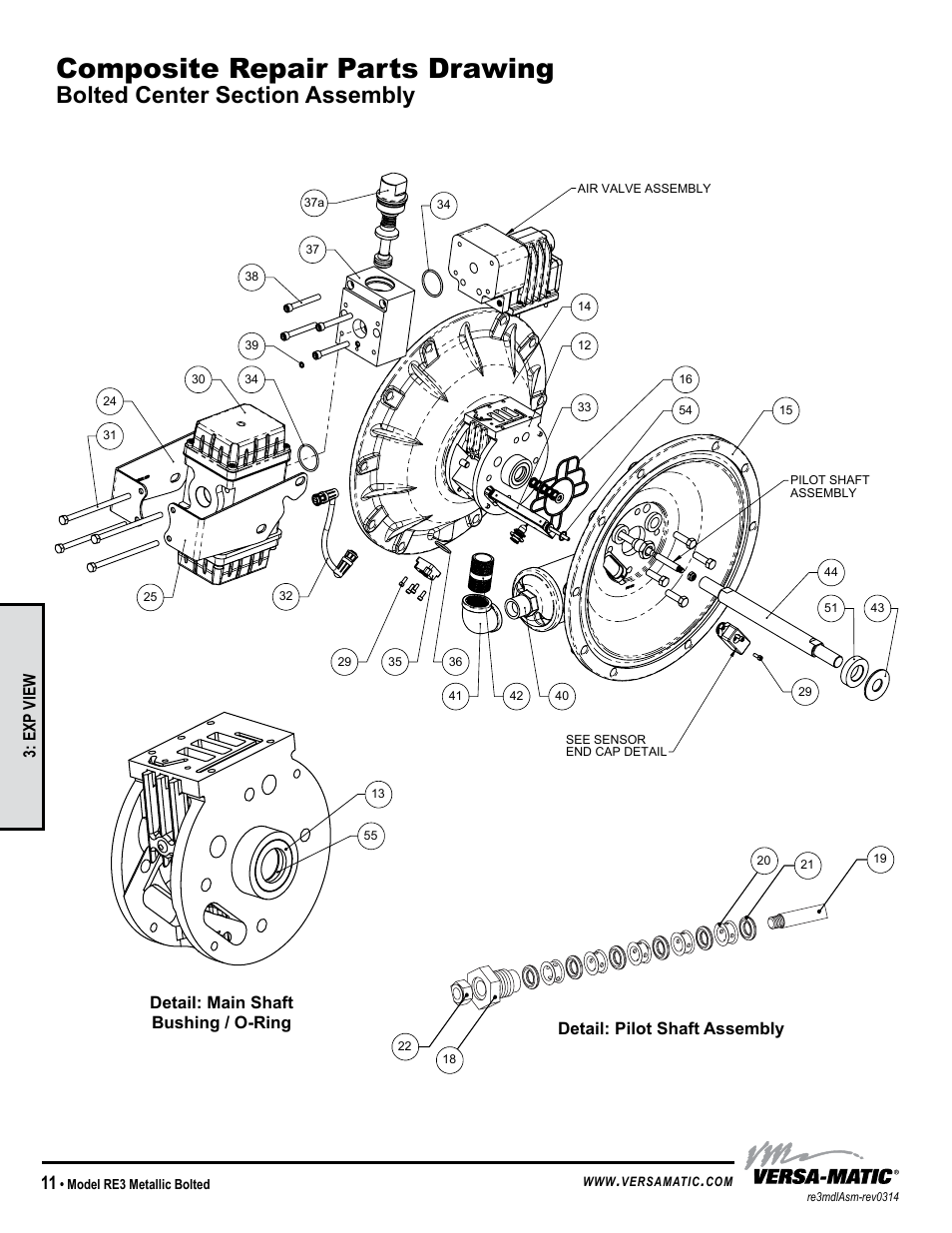 Composite repair parts drawing, Exp view | Versa-Matic 3 Bolted Metallic Ball Valve Pumps (RE3) User Manual | Page 14 / 29