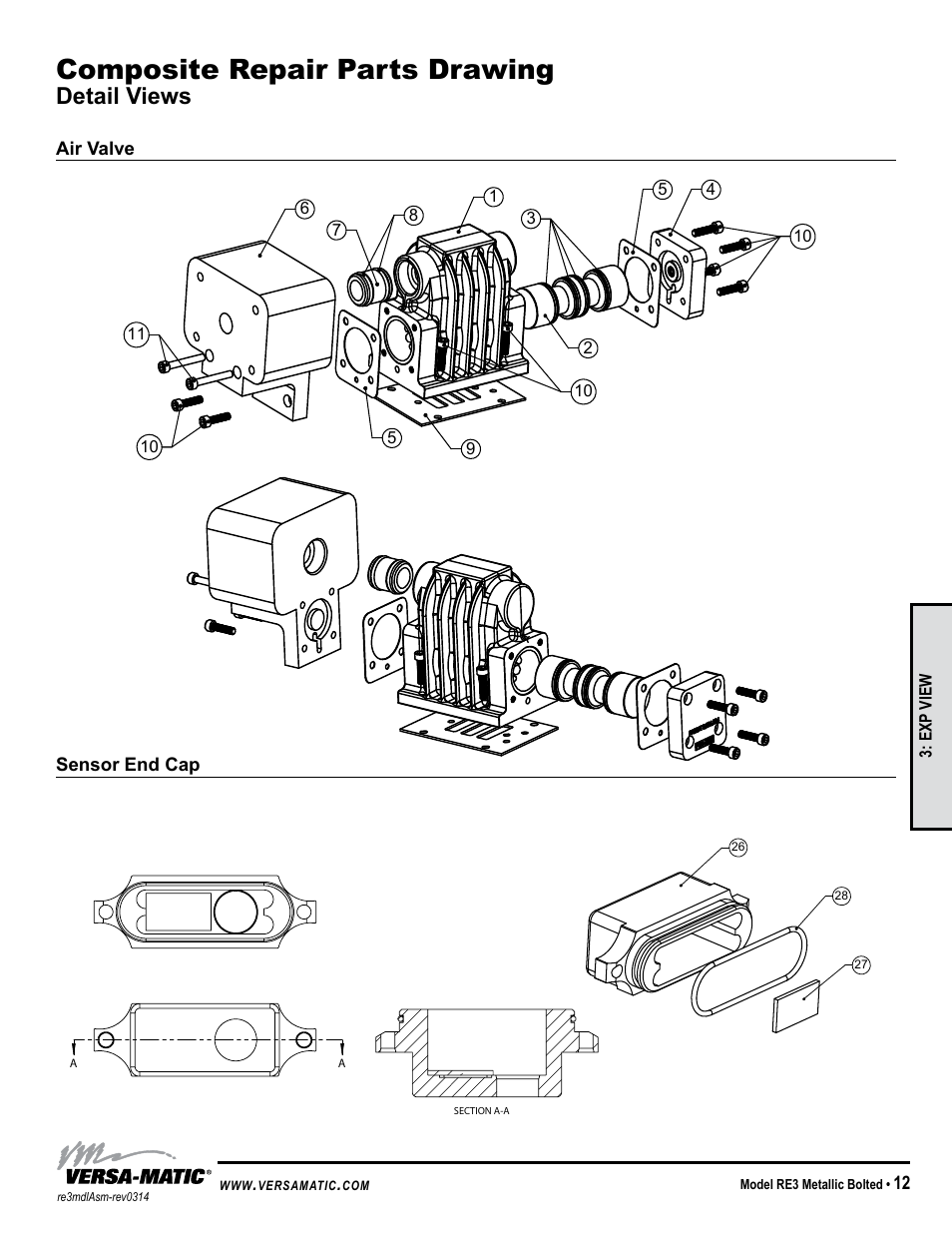 Composite repair parts drawing, Detail views, Idex aodd | Detail 3, Air valve sensor end cap, Exp view | Versa-Matic 3 Bolted Metallic Ball Valve Pumps (RE3) User Manual | Page 15 / 29