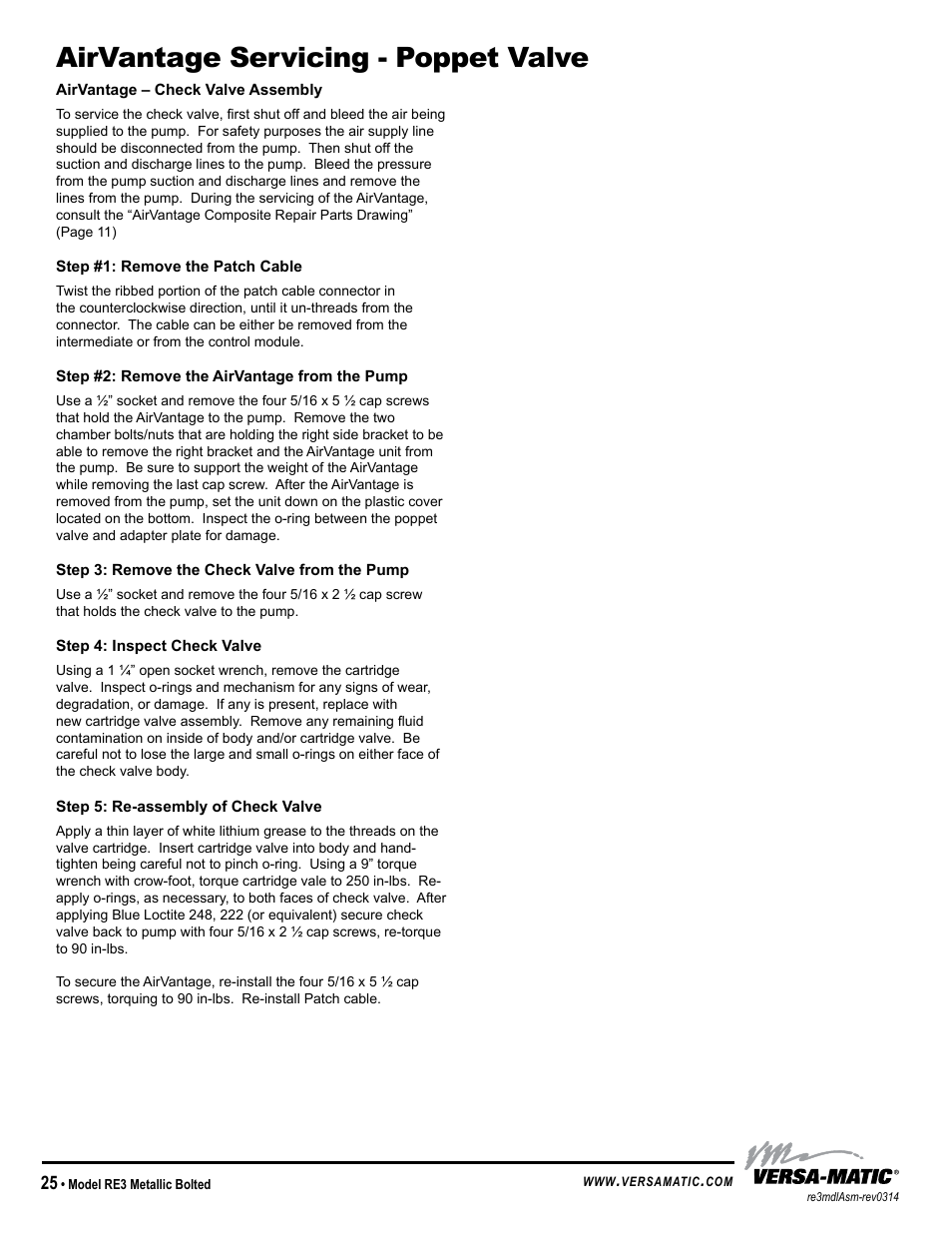 Airvantage servicing - poppet valve | Versa-Matic 3 Bolted Metallic Ball Valve Pumps (RE3) User Manual | Page 28 / 29