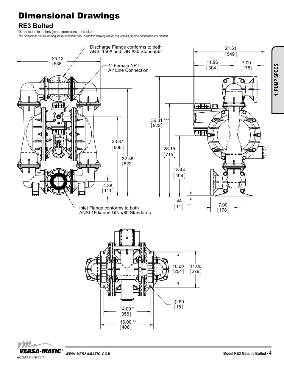 Dimensional drawings, Re3 bolted | Versa-Matic 3 Bolted Metallic Ball Valve Pumps (RE3) User Manual | Page 7 / 29