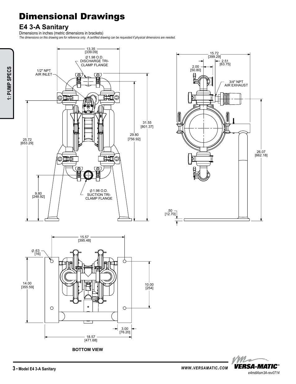 Dimensional drawings, E4 3-a sanitary, Warren rupp inc | Model specific, Pump specs, Model e4 3-a sanitary | Versa-Matic 1 1/2 Elima-Matic 3-A Certified (E4) User Manual | Page 6 / 14