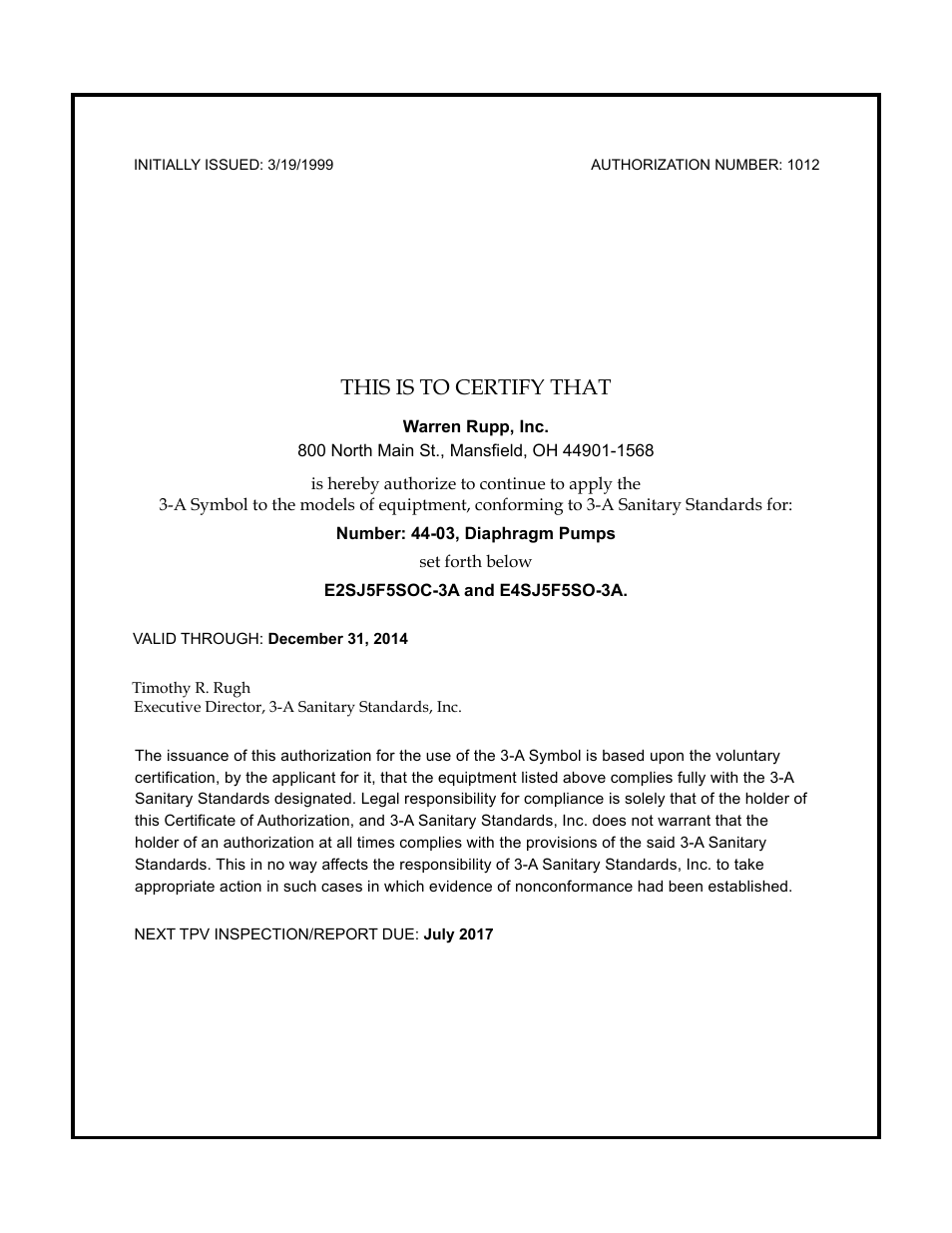 This is to certify that | Versa-Matic 2 Elima-Matic 3-A Certified (E2) User Manual | Page 14 / 14