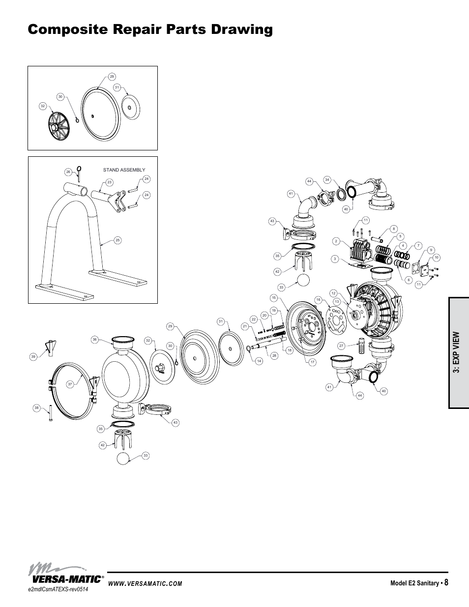 Composite repair parts drawing, General model specific, Exp view | Model e2 sanitary, Versamatic | Versa-Matic 2 Elima-Matic Sanitary - ATEX (E2) User Manual | Page 11 / 15